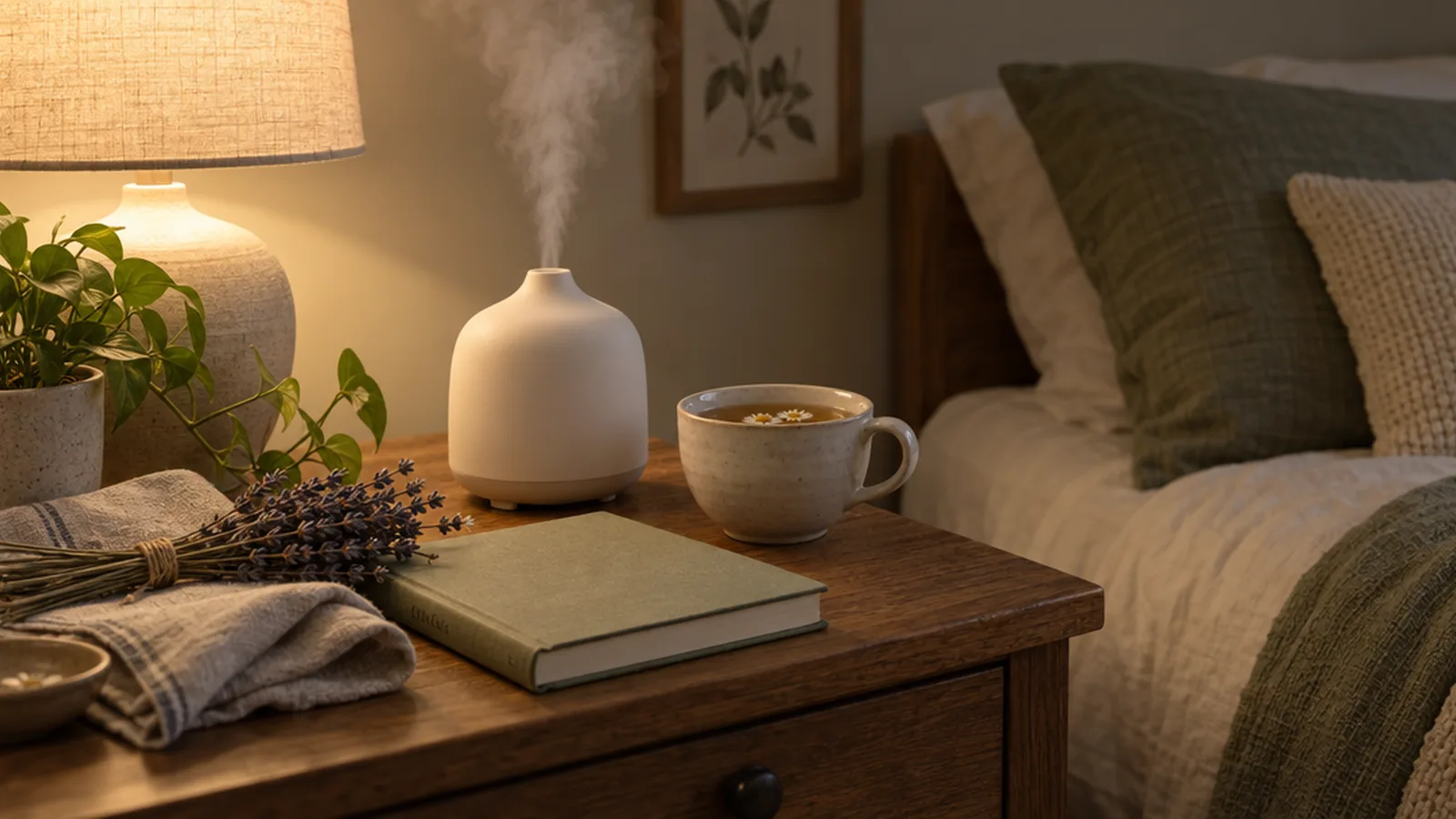 A white diffuser releasing mist on a nightstand beside chamomile tea and dried lavender in soft evening light
