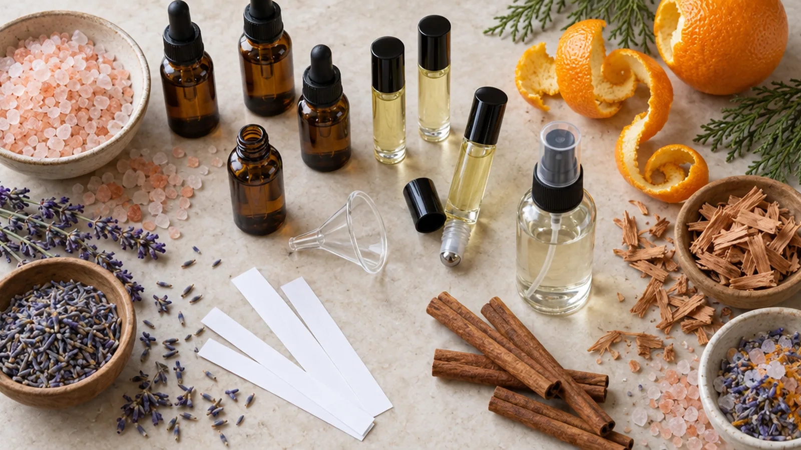 Overhead view of roller bottles, amber dropper bottles, bath salts, citrus peel and dried herbs laid out for blending