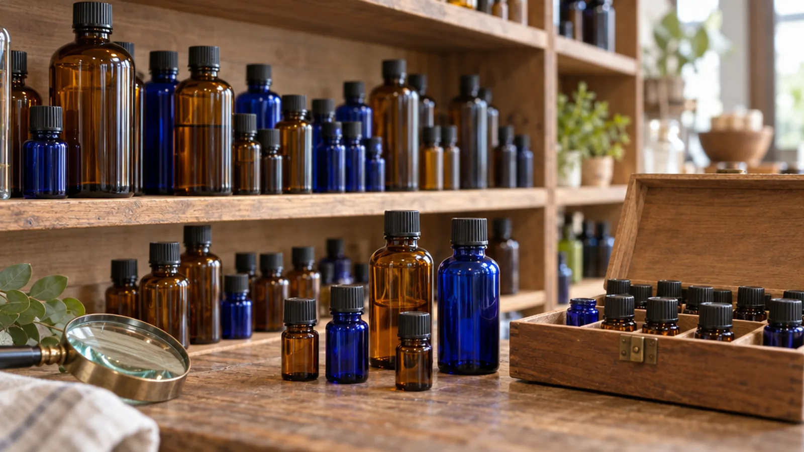 Rows of plain amber and blue glass oil bottles on a wooden shelf with a magnifying glass in front