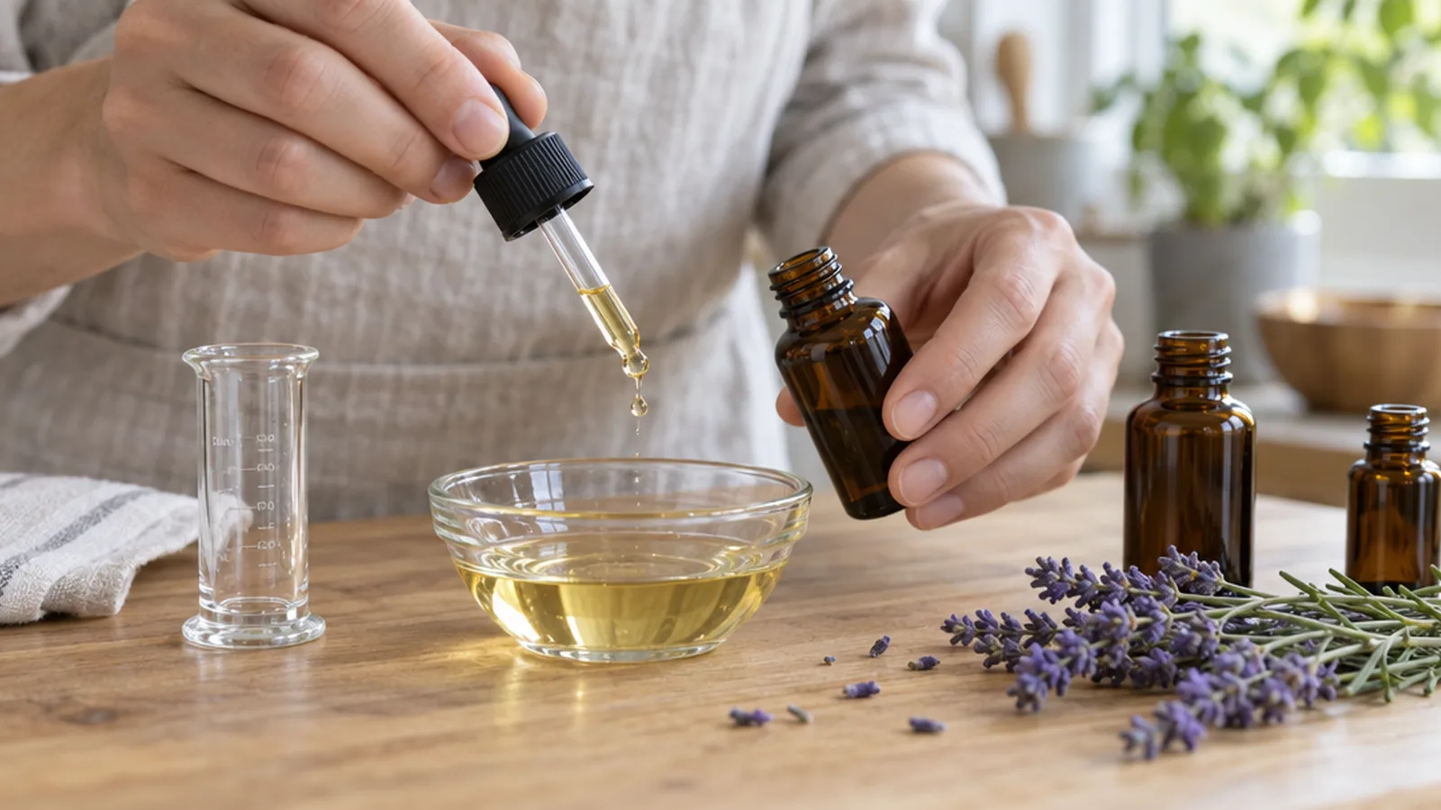 Hands counting drops from an amber dropper bottle into a small glass bowl of carrier oil