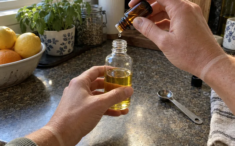 Hands adding one drop of oregano oil to a bottle of jojoba oil