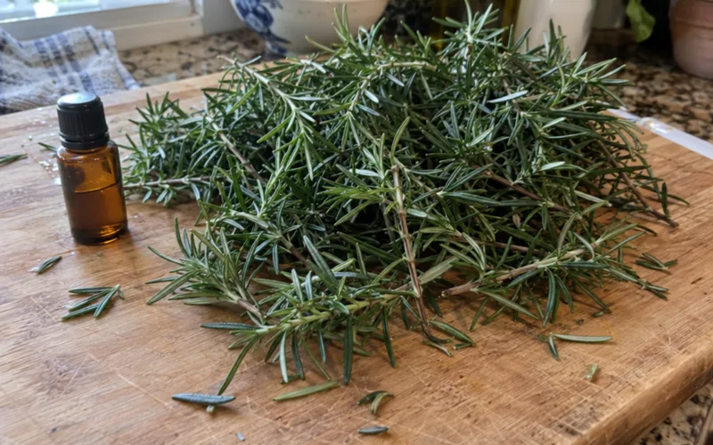 Small amber bottle of rosemary essential oil next to a large pile of fresh rosemary sprigs on a cutting board