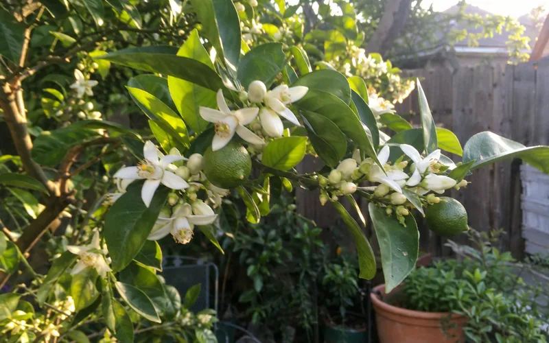 Bitter orange tree branch covered in white blossoms with small green fruits