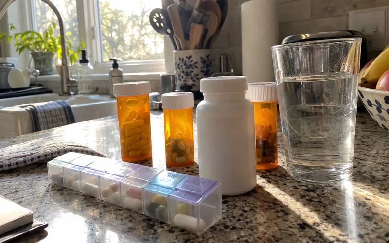 Boswellia supplement bottle beside prescription pill bottles and a weekly pill organizer on a kitchen counter