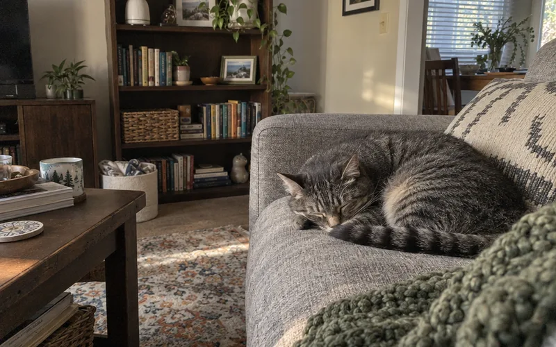 Gray tabby cat asleep on a sofa with an essential oil diffuser switched off on a bookshelf across the room
