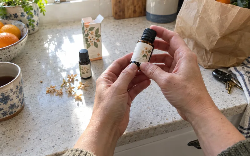 Hands turning a small amber essential oil bottle to check its label