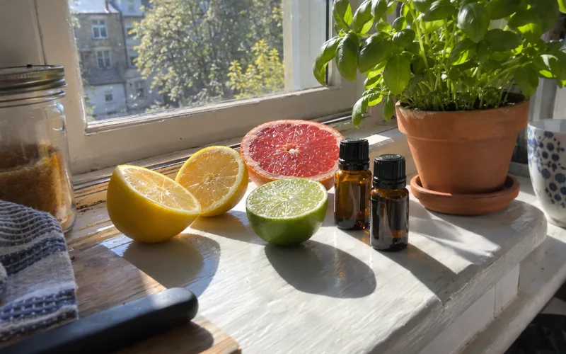 Halved lemons, lime and grapefruit beside two amber essential oil bottles on a sunny windowsill