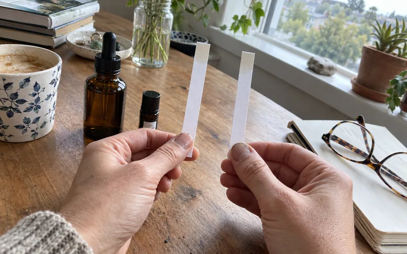 Hands holding two perfume smelling strips to compare neroli and orange blossom