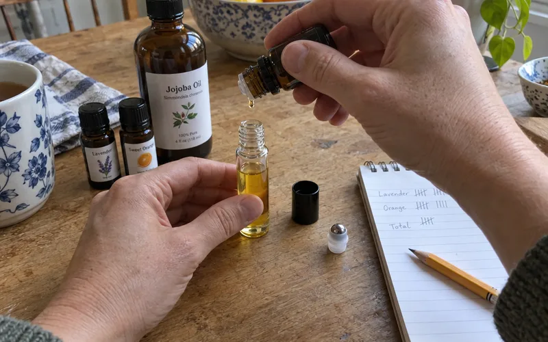 Hands adding one drop of essential oil to a small glass bottle of jojoba carrier oil