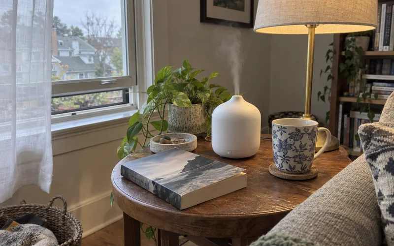 White essential oil diffuser misting on a side table next to a partly open window