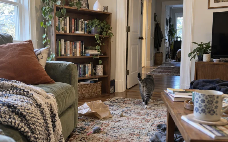 Gray tabby cat walking out of a living room through an open doorway, with a small white diffuser on top of the bookshelf