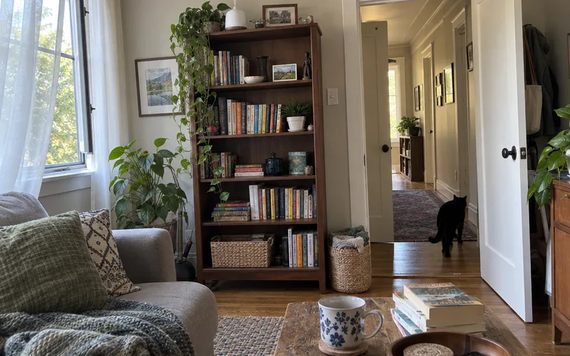 White diffuser on top of a tall bookcase while a black cat walks out through an open door