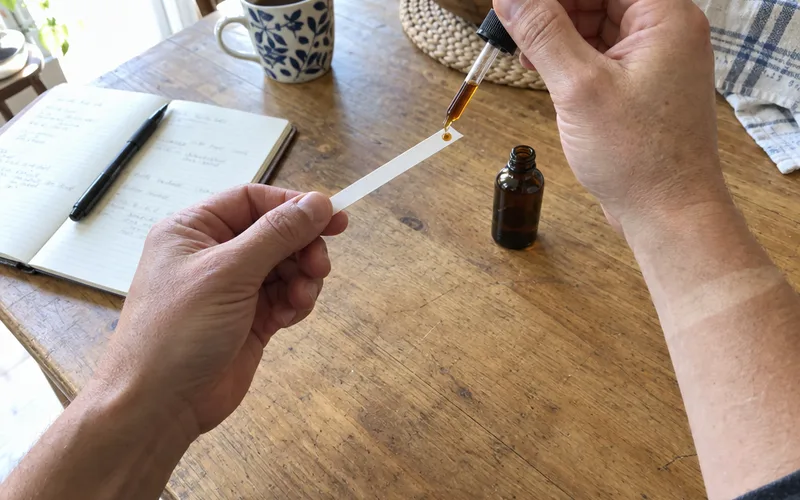 Hand placing one drop of vetiver essential oil on a paper smelling strip