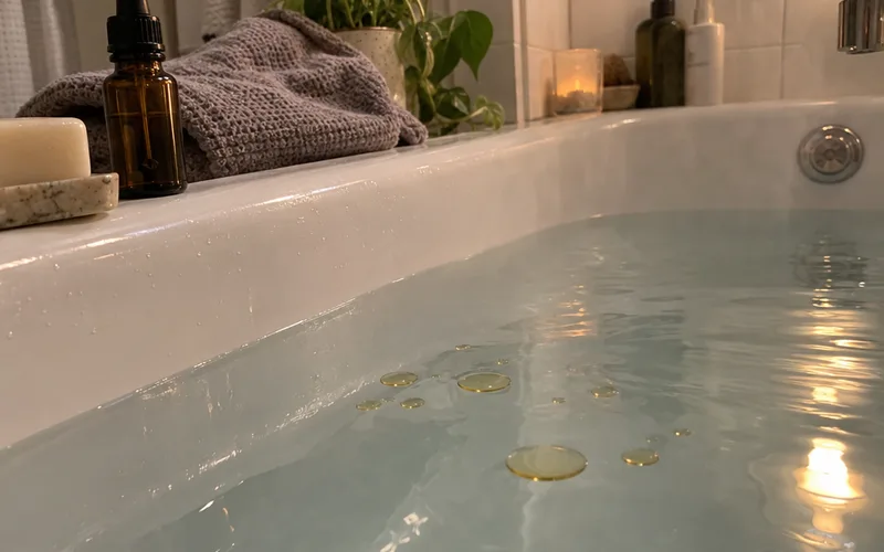 Drops of frankincense essential oil floating on the surface of warm bathwater with an amber bottle on the tub ledge