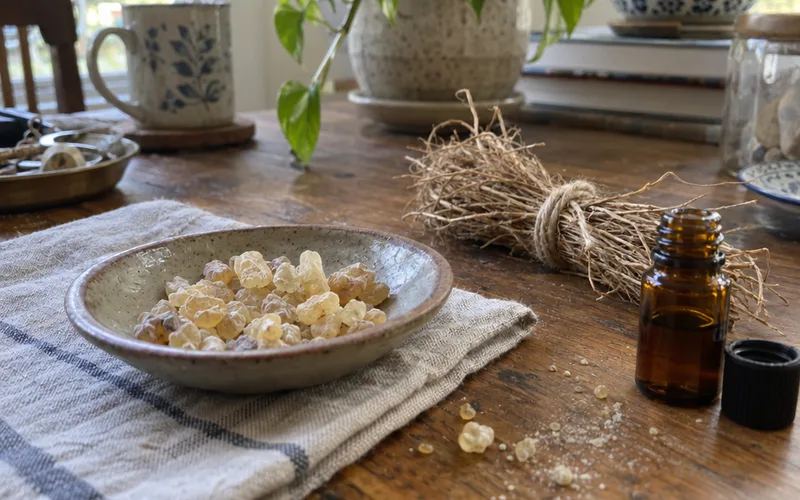 Frankincense resin tears in a ceramic dish beside a bundle of dried vetiver roots and an open amber oil bottle