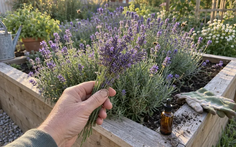 Hand holding fresh lavender sprigs over a raised herb bed with a small amber essential oil bottle on the wooden edge