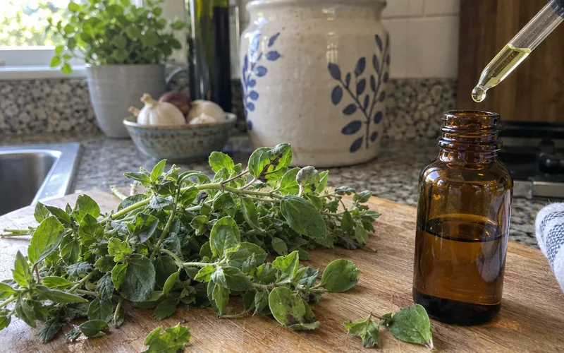 Fresh oregano sprigs beside an amber dropper bottle of oregano oil