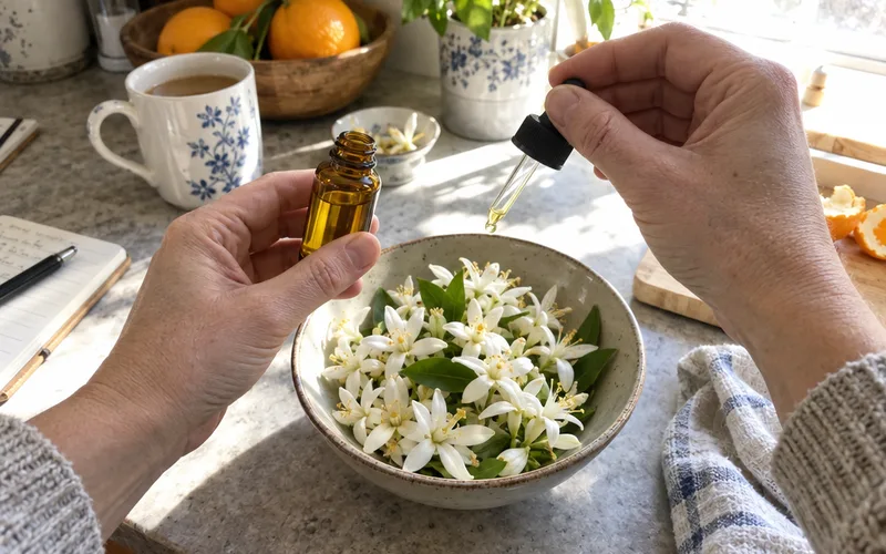 Hands holding a small amber bottle of neroli oil over a bowl of orange blossoms