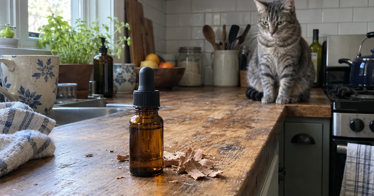 Amber bottle of cedarwood essential oil on a kitchen counter with a gray tabby cat sitting nearby