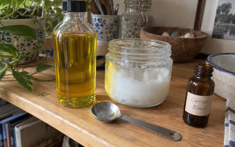Jojoba oil bottle and jar of coconut oil used as carrier oils