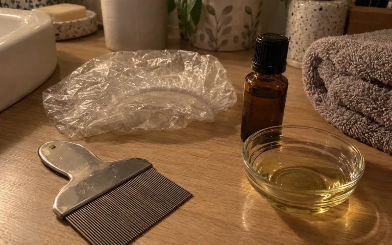 Fine-tooth lice comb, shower cap, tea tree oil and a dish of vegetable oil on a bathroom counter