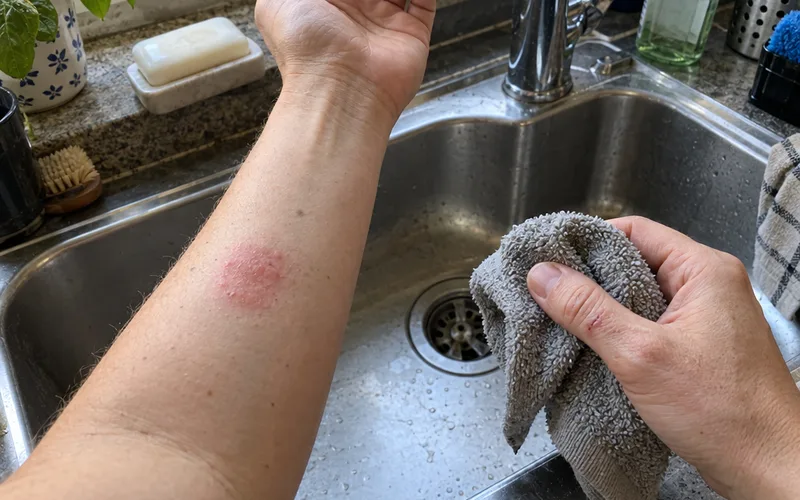 Forearm with a small patch of red irritated skin held over a kitchen sink beside a washcloth and soap