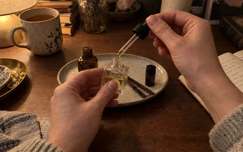 Hands adding neroli to a small homemade perfume bottle with vanilla and orange blossom absolute