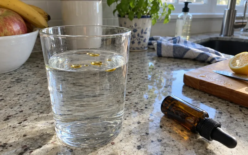 Beads of essential oil floating on top of a glass of water next to a small amber dropper bottle