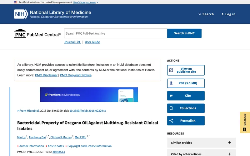 PubMed Central page for the 2018 study on oregano oil against multidrug-resistant bacteria