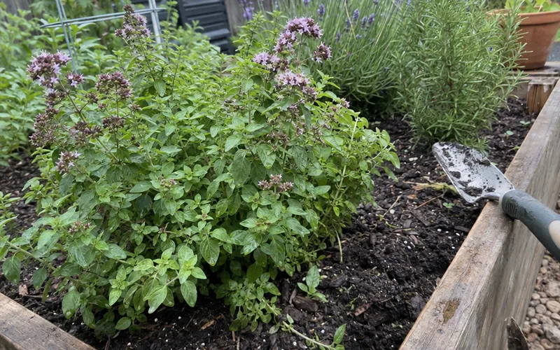 Oregano plant growing in a wooden raised herb bed