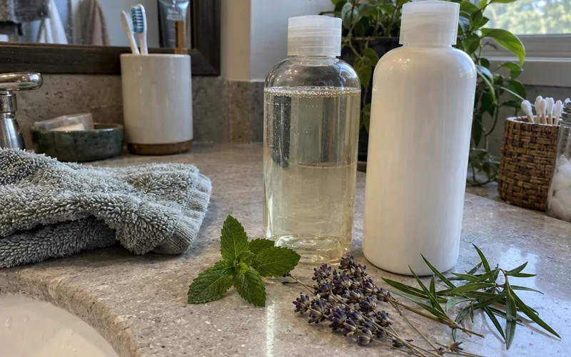 Fresh peppermint, dried lavender and tea tree leaves beside two plain shampoo bottles