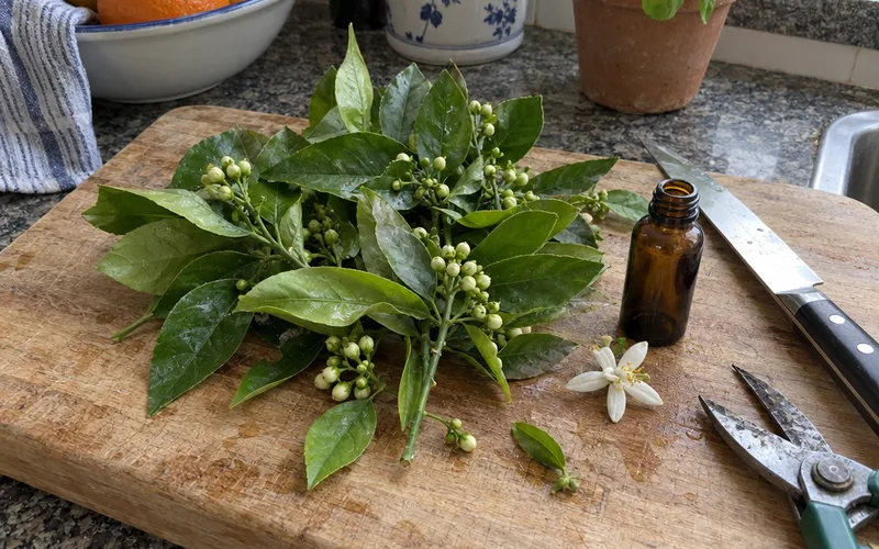 Bitter orange leaves and buds used for petitgrain next to an open orange blossom