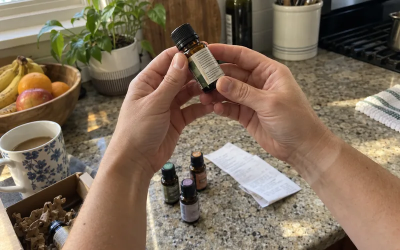 Hands turning a small amber essential oil bottle to read the printed label on the back