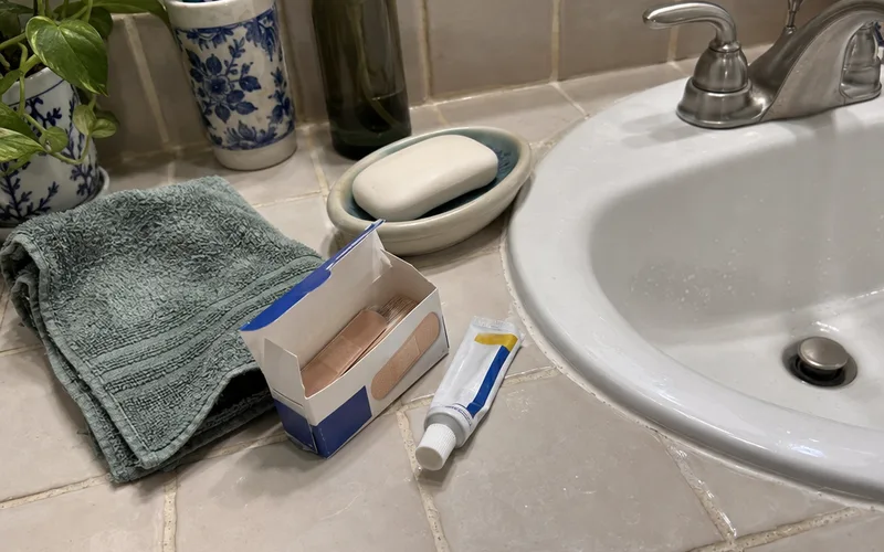 Bar of soap and adhesive bandages for cleaning a small cut