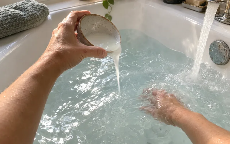 Hand pouring a bowl of liquid soap mixed with essential oil into running bath water