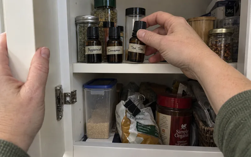 Hands putting tea tree, peppermint and cinnamon oil bottles on a high kitchen cupboard shelf