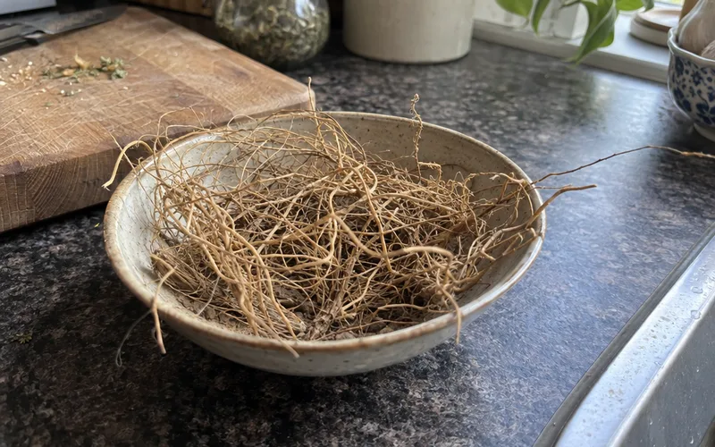 Bowl of dried vetiver roots, the part of the grass that holds its earthy scent
