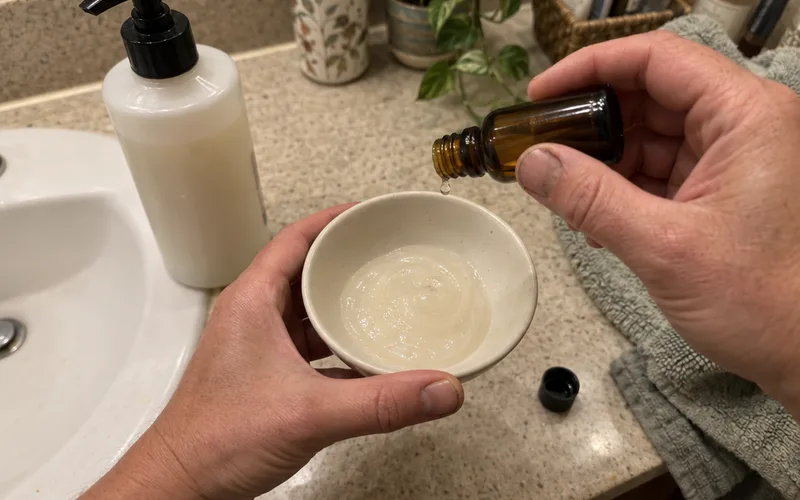 Hand adding drops of tea tree oil from a dropper into a small bowl of shampoo
