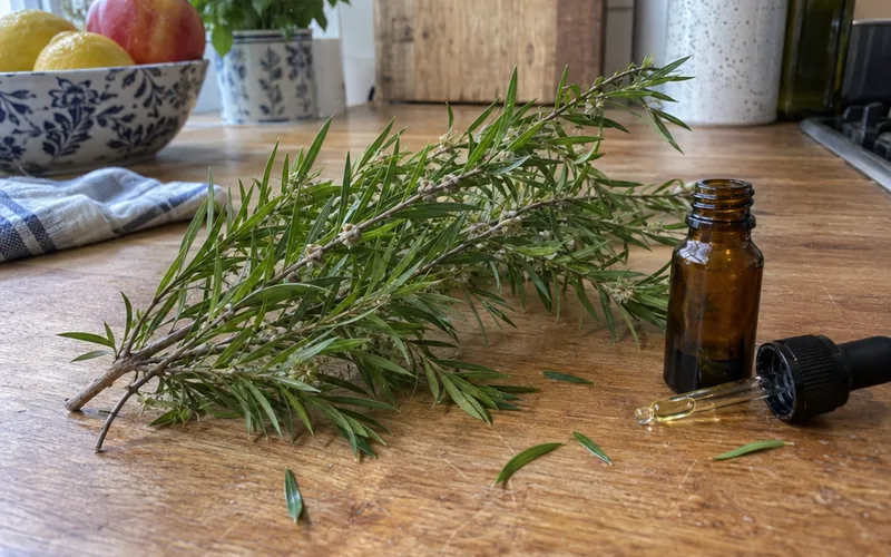Branch of narrow tea tree leaves next to an open amber bottle of tea tree oil on a wooden counter