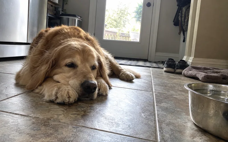 Tired golden retriever lying flat on a kitchen floor with its chin on its paws