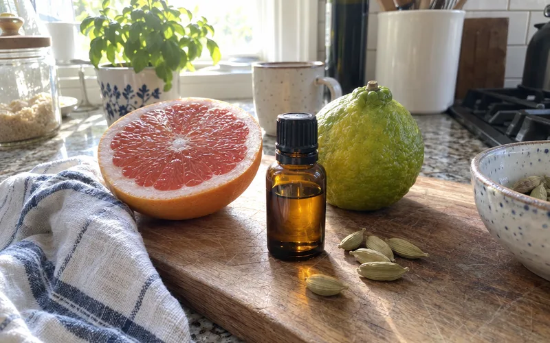 Vetiver essential oil next to grapefruit, bergamot and cardamom, common scent pairings